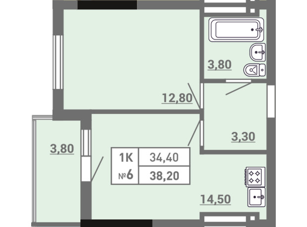ЖК Акварель 3: планування 1-кімнатної квартири 38.2 м²