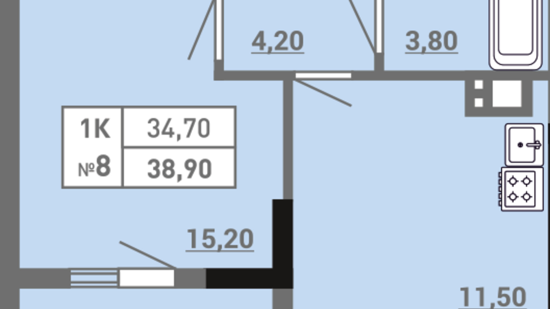 Планування 1-кімнатної квартири в ЖК Акварель 3 38.9 м², фото 400584