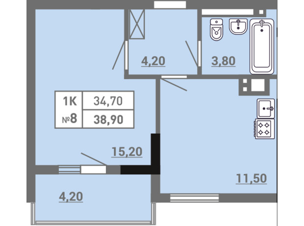 ЖК Акварель 3: планування 1-кімнатної квартири 38.9 м²