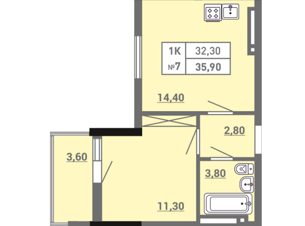 ЖК Акварель 3: планування 1-кімнатної квартири 35.9 м²