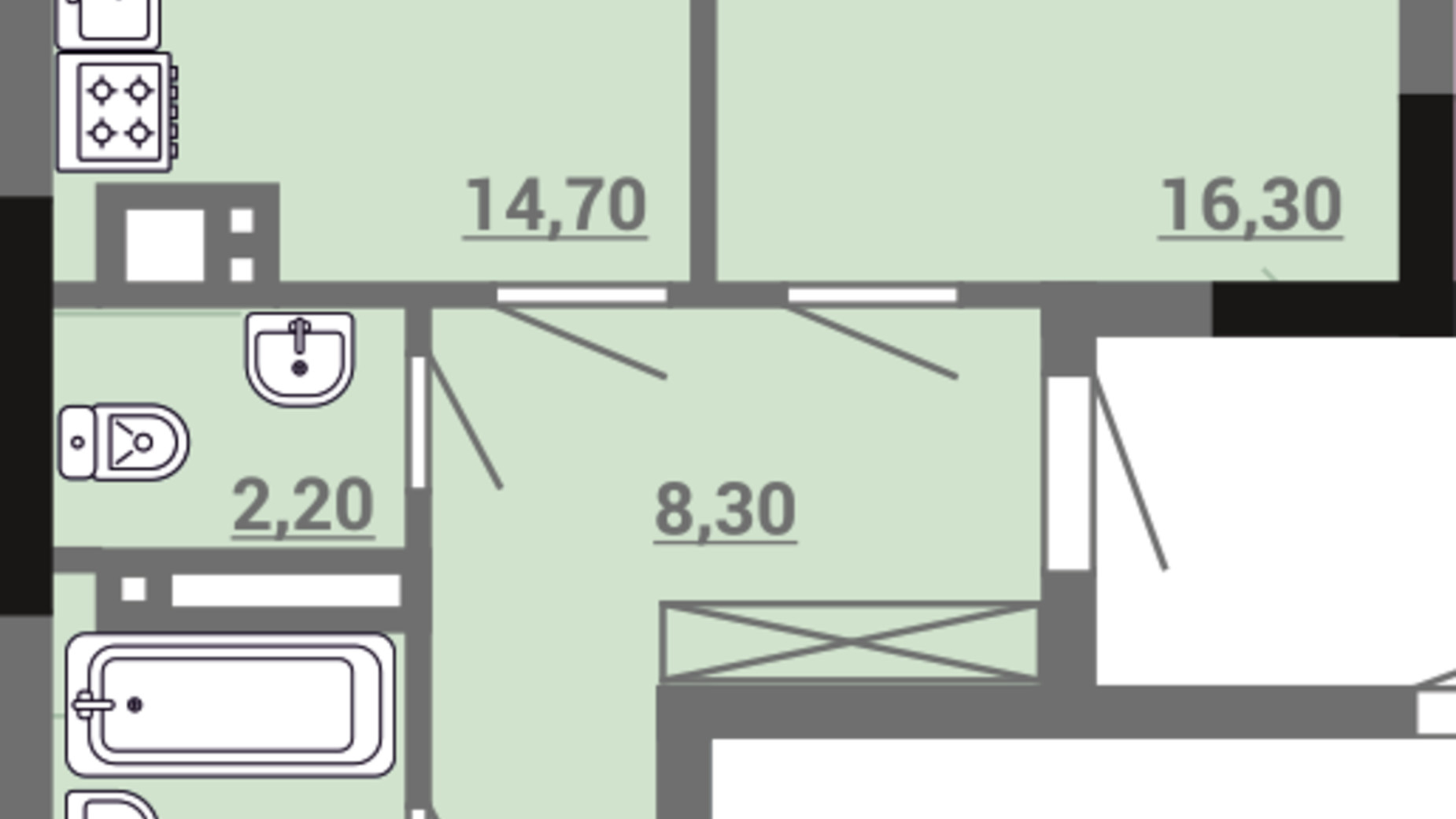 Планування 2-кімнатної квартири в ЖК Акварель 3 63.2 м², фото 400586