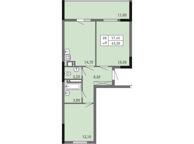 ЖК Акварель 3: планування 2-кімнатної квартири 63.2 м²