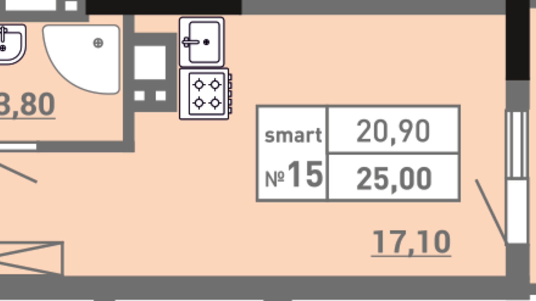 Планировка смарт квартиры в ЖК Акварель 3 25 м², фото 400591