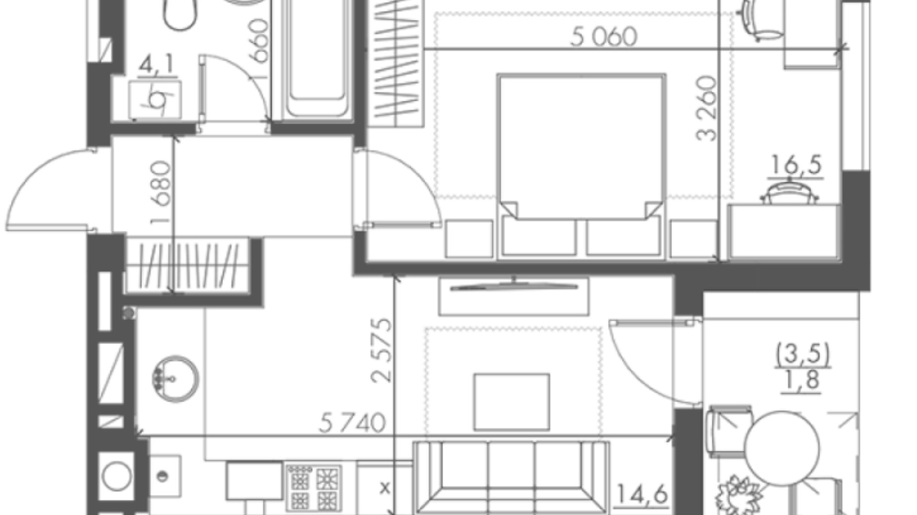 Планування 1-кімнатної квартири в ЖК Шевченка 42.4 м², фото 400601