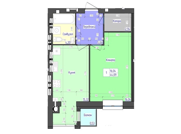 ЖК Сімейний: планування 1-кімнатної квартири 44.09 м²