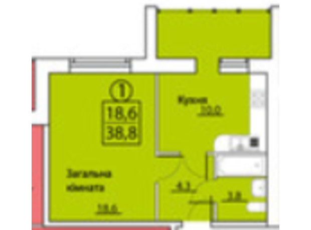 ЖК просп. Грушевского, 50: планировка 1-комнатной квартиры 38.8 м²