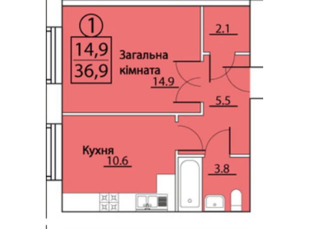 ЖК просп. Грушевского, 50: планировка 1-комнатной квартиры 36.9 м²
