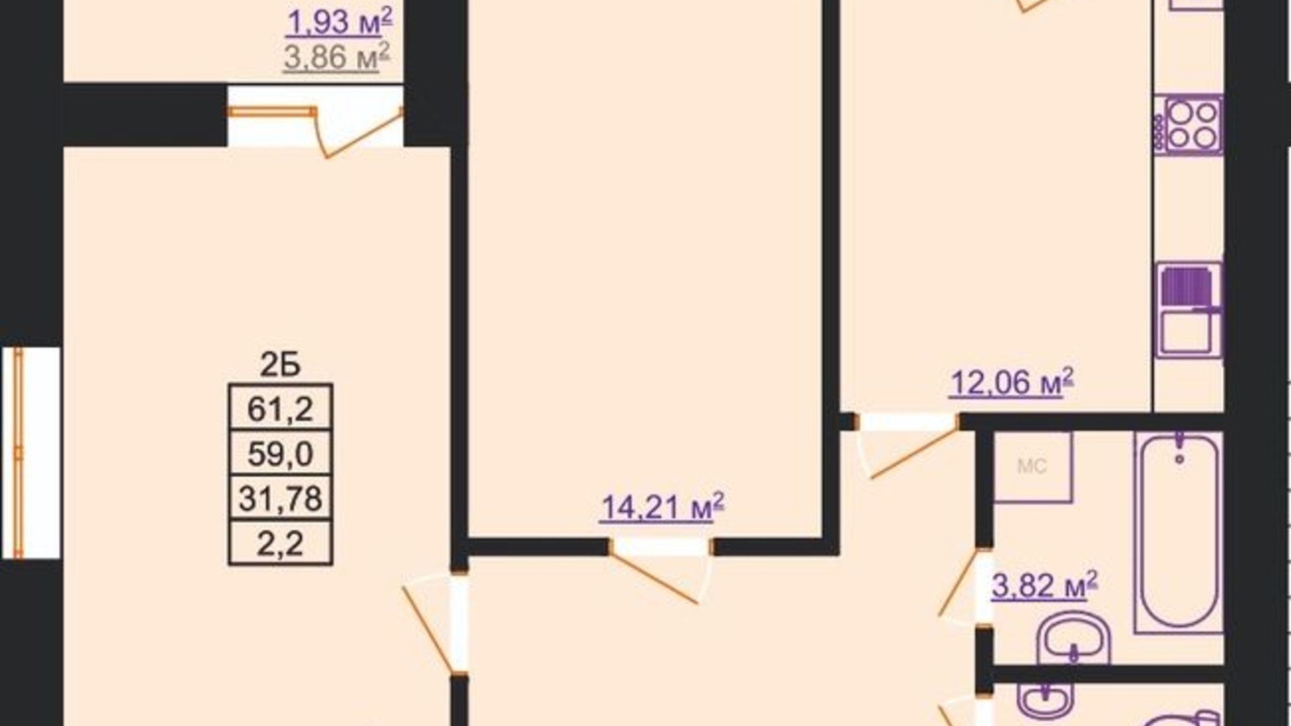 Планировка 2-комнатной квартиры в ЖК Світанковий 61.2 м², фото 401376