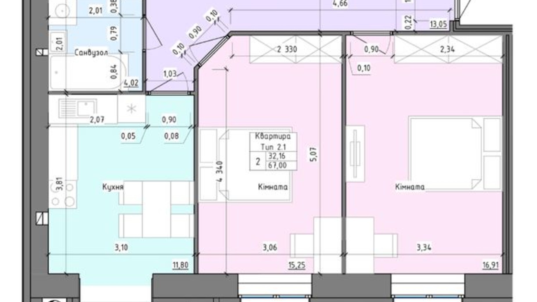 Планировка 2-комнатной квартиры в ЖК Барви 67 м², фото 401392