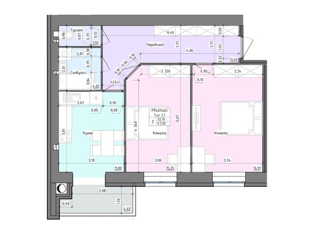 ЖК Барви: планировка 2-комнатной квартиры 67 м²