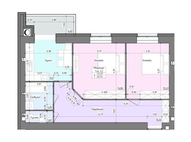 ЖК Барви: планировка 2-комнатной квартиры 61.74 м²