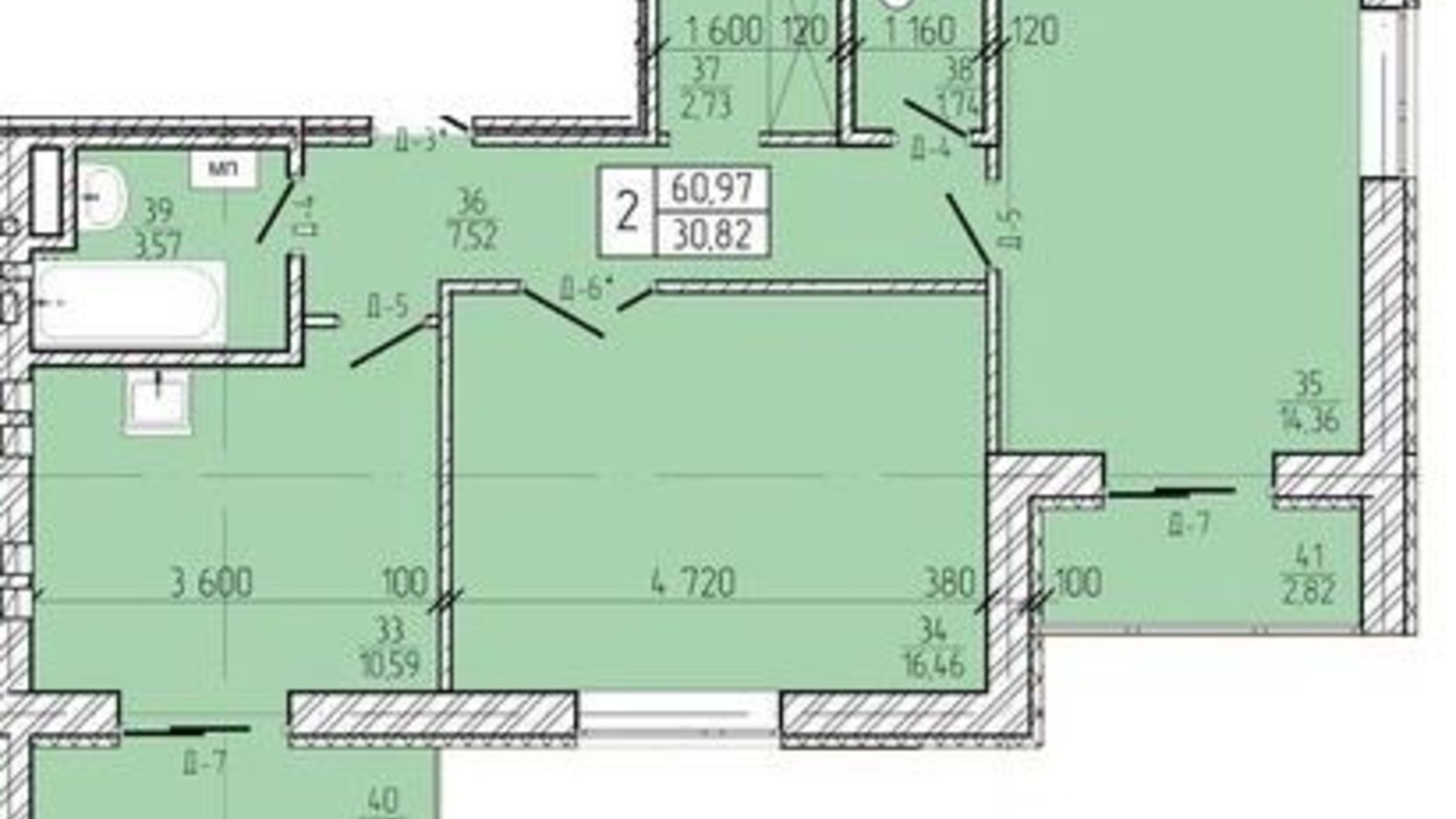 Планування 2-кімнатної квартири в ЖК Летичівська Брама 60.97 м², фото 401664