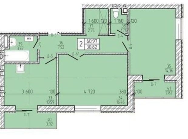 ЖК Летичівська Брама: планировка 2-комнатной квартиры 60.97 м²
