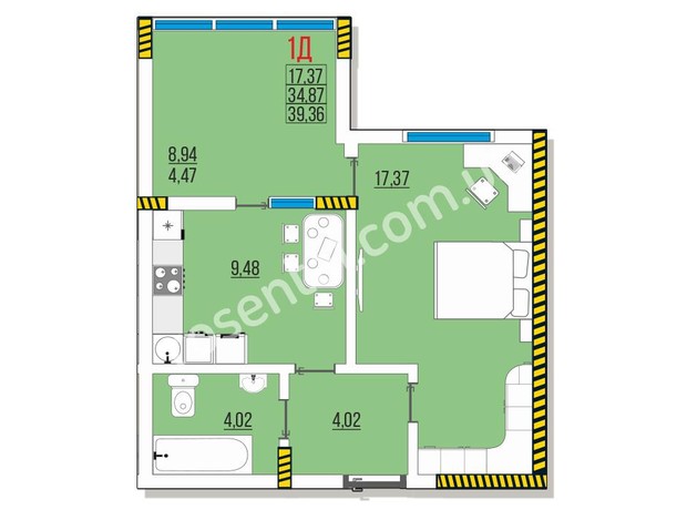 ЖК Розенталь: планировка 1-комнатной квартиры 40.13 м²