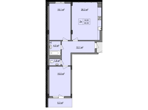 ЖК Фортеця: планировка 2-комнатной квартиры 80.39 м²