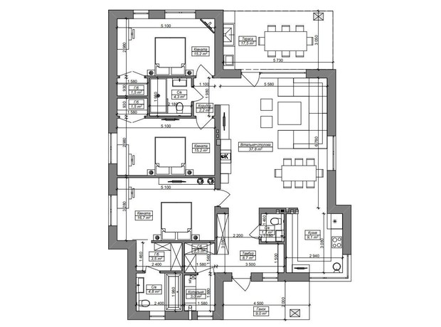 КГ ул. Мазепы: планировка 3-комнатной квартиры 154 м²