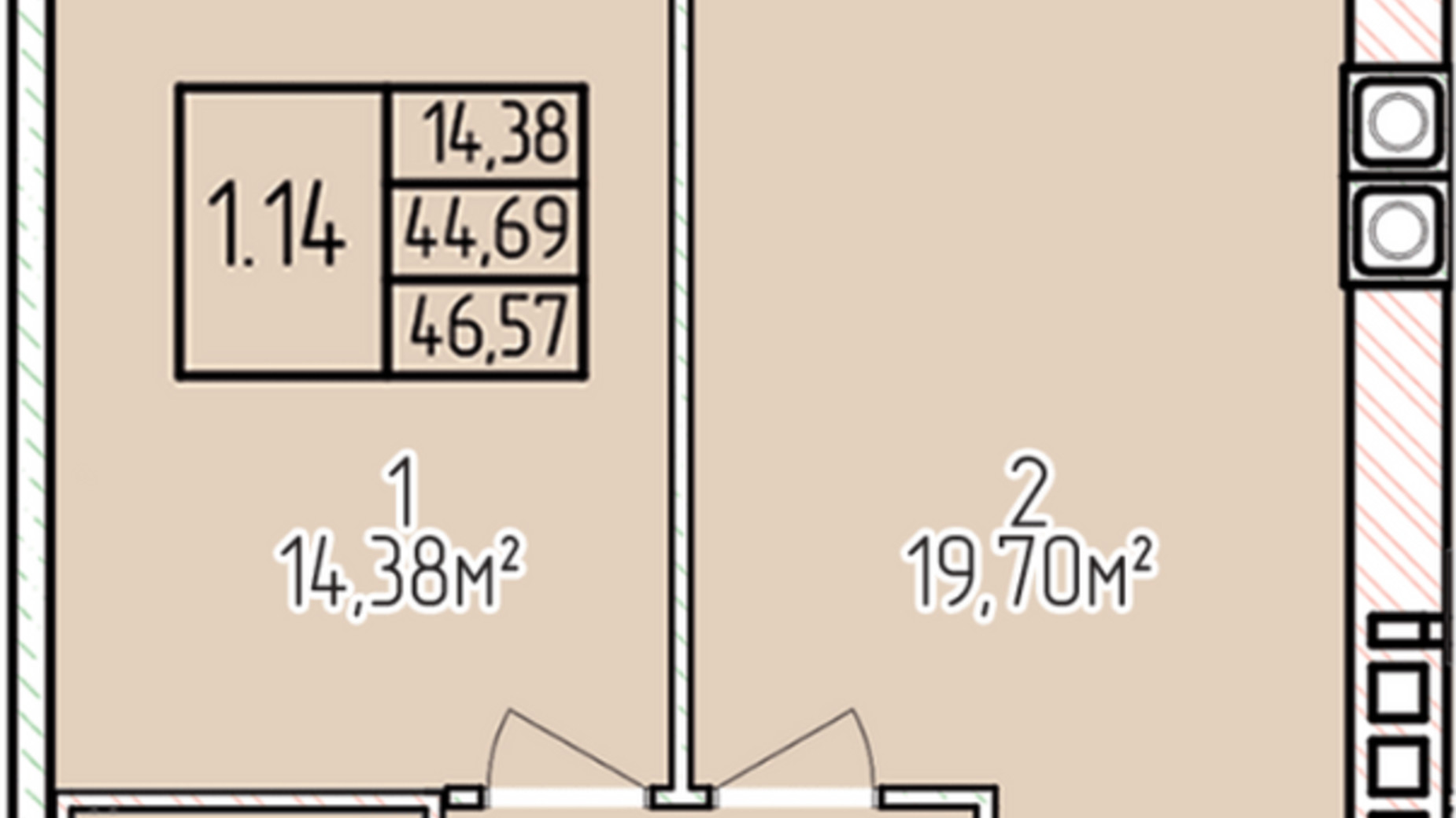 Планировка 1-комнатной квартиры в ЖК Велес 46.57 м², фото 403358