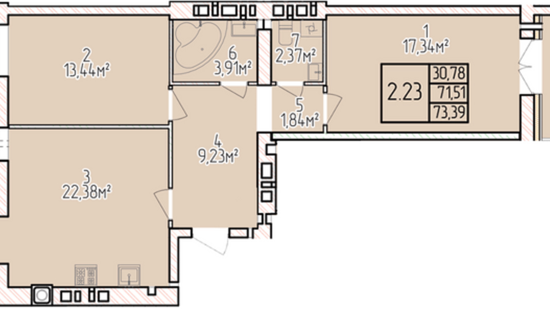 Планировка 2-комнатной квартиры в ЖК Велес 73.39 м², фото 403361