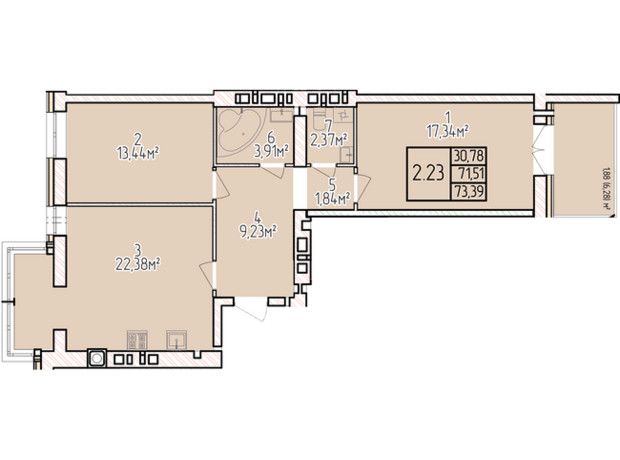ЖК Велес: планування 2-кімнатної квартири 73.39 м²