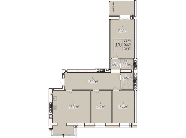 ЖК Велес: планування 3-кімнатної квартири 98.37 м²