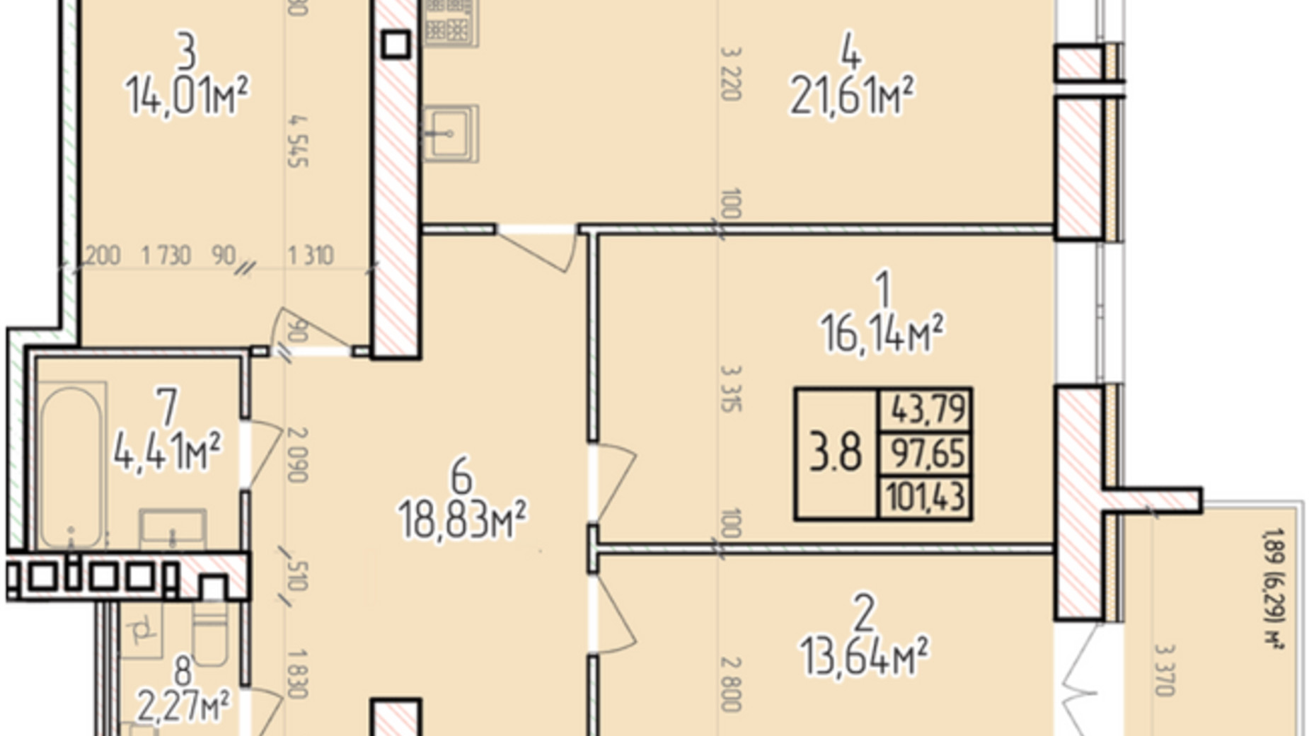 Планировка 3-комнатной квартиры в ЖК Велес 103.92 м², фото 403363