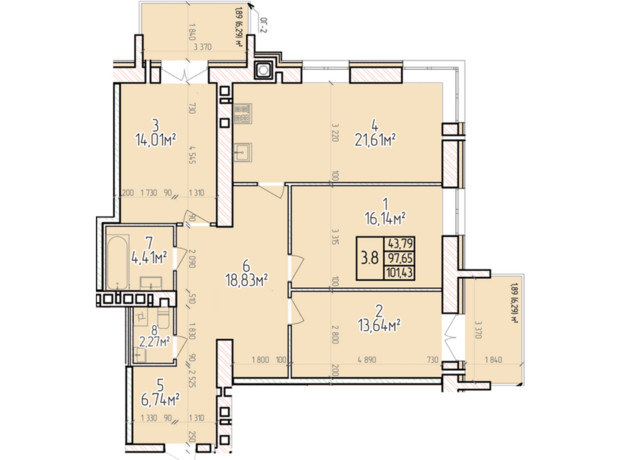 ЖК Велес: планировка 3-комнатной квартиры 103.92 м²