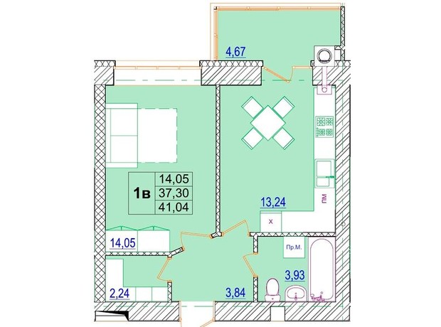 ЖК Остров 2: планировка 1-комнатной квартиры 41.04 м²