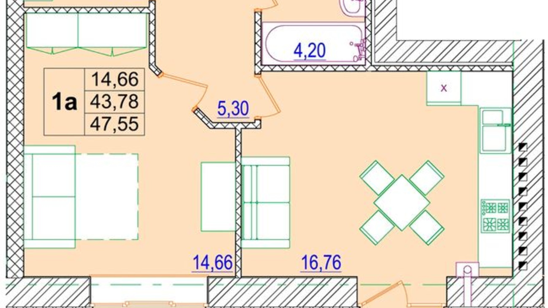 Планировка 1-комнатной квартиры в ЖК Остров 2 47.55 м², фото 403913