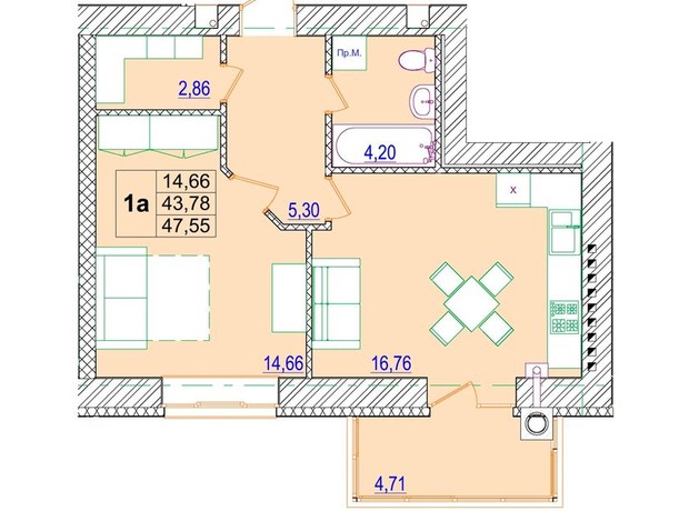 ЖК Остров 2: планировка 1-комнатной квартиры 47.55 м²