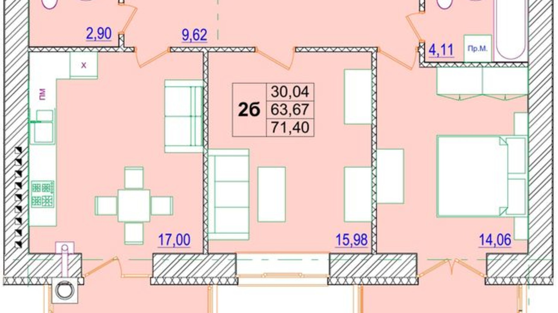 Планування 2-кімнатної квартири в ЖК Острів 2 71.4 м², фото 403914