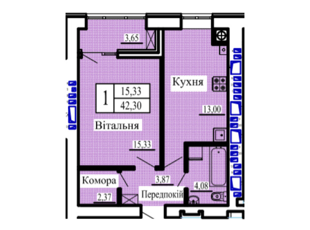 ЖК Нова Барселона: планування 1-кімнатної квартири 42.3 м²