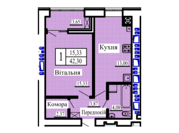 ЖК Новая Барселона: планировка 1-комнатной квартиры 44.07 м²