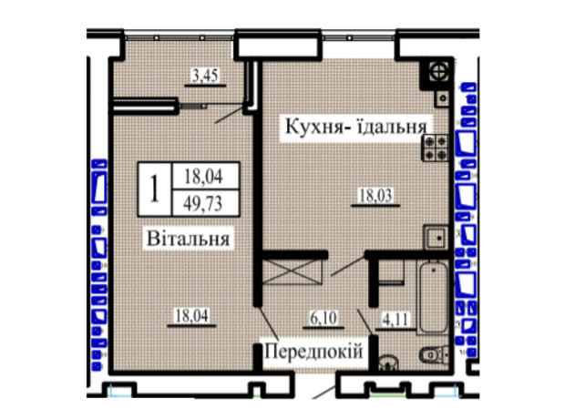 ЖК Новая Барселона: планировка 1-комнатной квартиры 49.73 м²