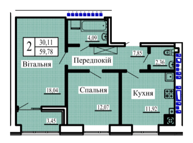 ЖК Нова Барселона: планування 2-кімнатної квартири 58.89 м²