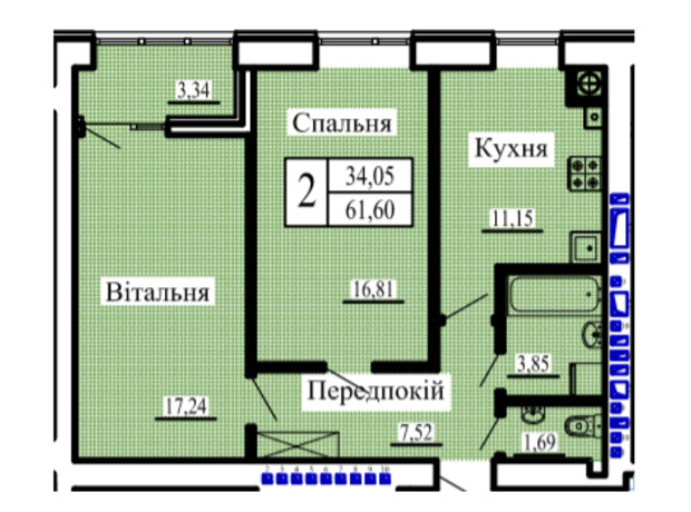 ЖК Нова Барселона: планування 2-кімнатної квартири 61.6 м²