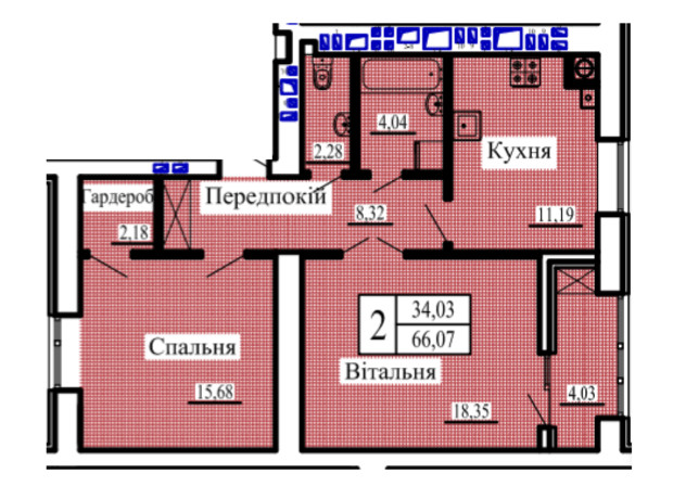 ЖК Новая Барселона: планировка 2-комнатной квартиры 66.07 м²