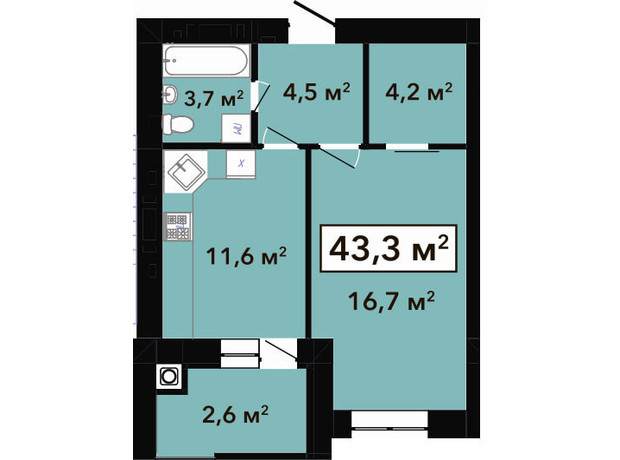ЖК Перлина Проскурова 2: планировка 1-комнатной квартиры 43.3 м²