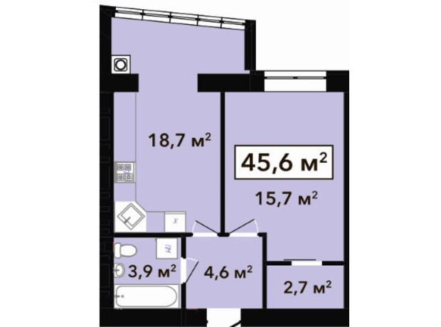 ЖК Перлина Проскурова 2: планировка 1-комнатной квартиры 45.6 м²