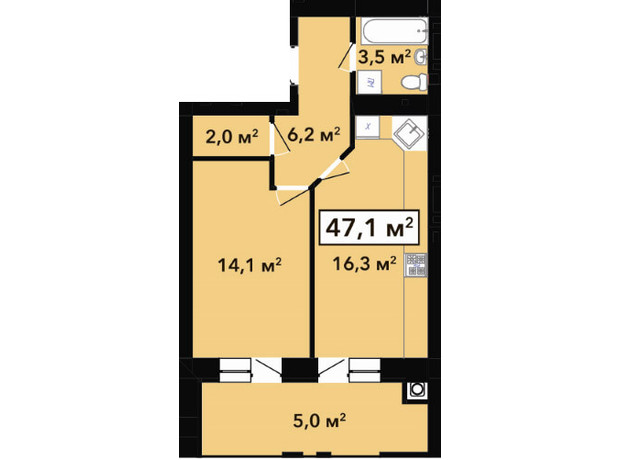 ЖК Перлина Проскурова 2: планировка 1-комнатной квартиры 47.1 м²