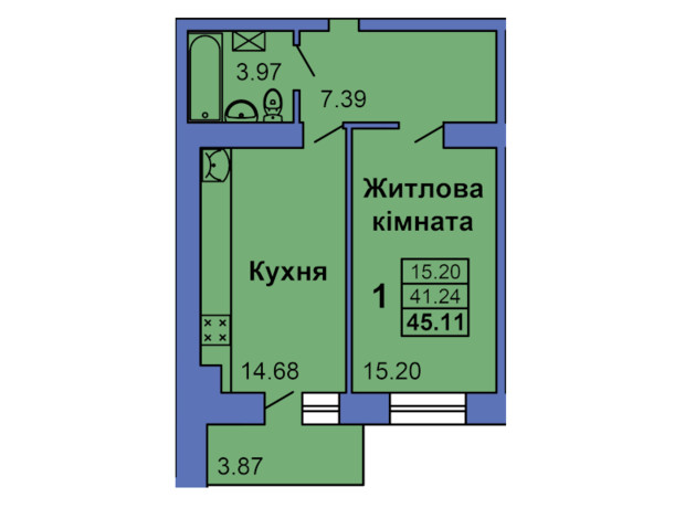 ЖК City Park: планировка 1-комнатной квартиры 45.11 м²