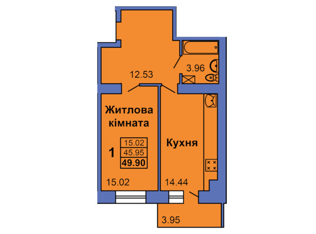 ЖК City Park: планировка 1-комнатной квартиры 49.9 м²