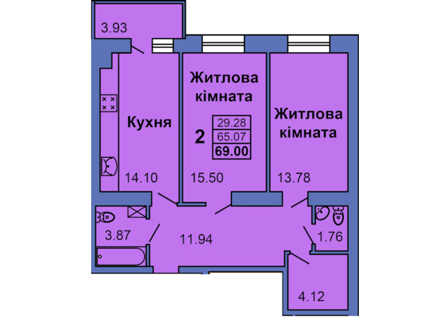 ЖК City Park: планировка 2-комнатной квартиры 69 м²