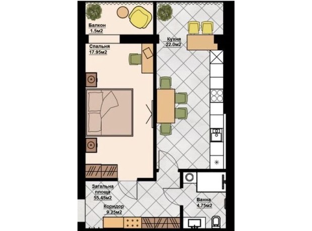 ЖК Счастливая Семья: планировка 1-комнатной квартиры 55.45 м²