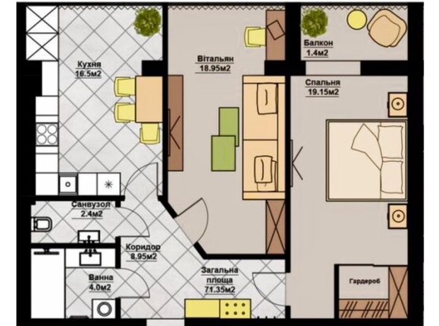 ЖК Счастливая Семья: планировка 2-комнатной квартиры 71.35 м²