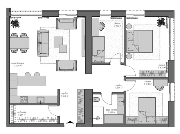 ЖК Квадрат: планировка 3-комнатной квартиры 99.3 м²