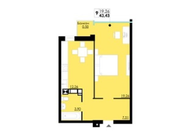 ЖК Comfort City: планировка 1-комнатной квартиры 43.43 м²