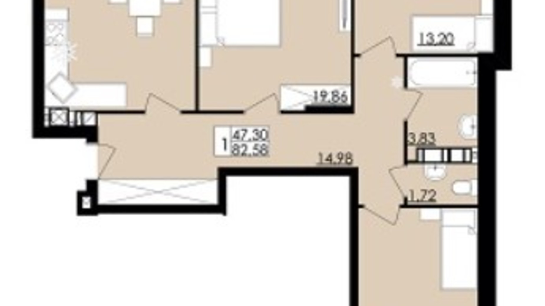 Планировка 3-комнатной квартиры в ЖК Comfort City 82.58 м², фото 405300