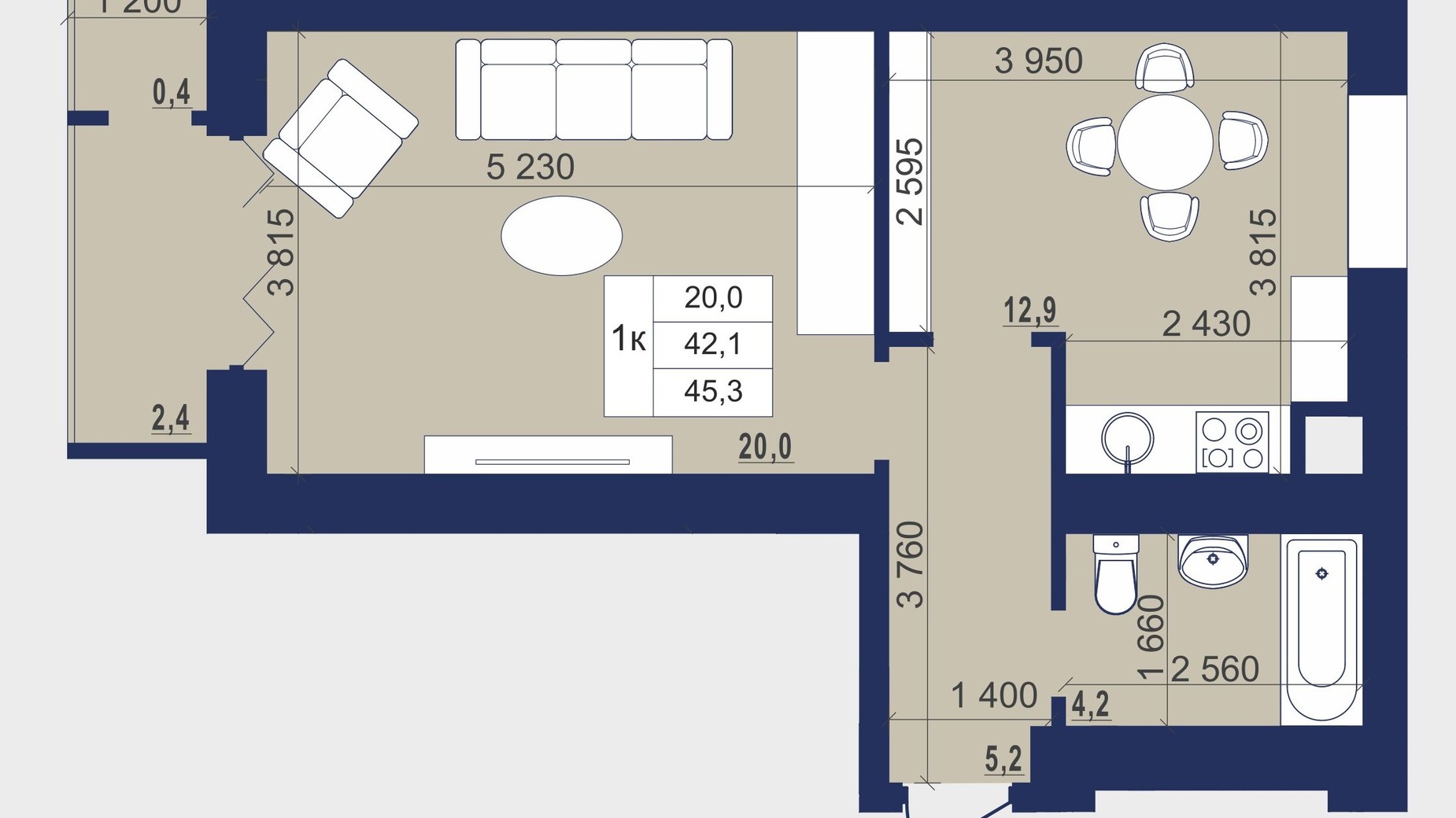 Планировка 1-комнатной квартиры в ЖК Набережный 45.3 м², фото 405467