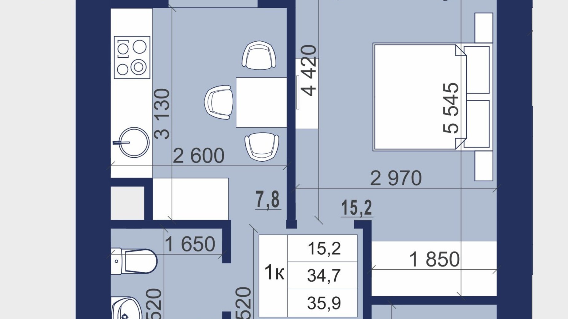 Планування 1-кімнатної квартири в ЖК Набережний 35.9 м², фото 405468