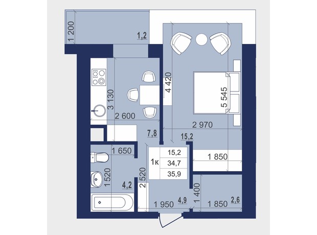 ЖК Набережний: планування 1-кімнатної квартири 35.9 м²
